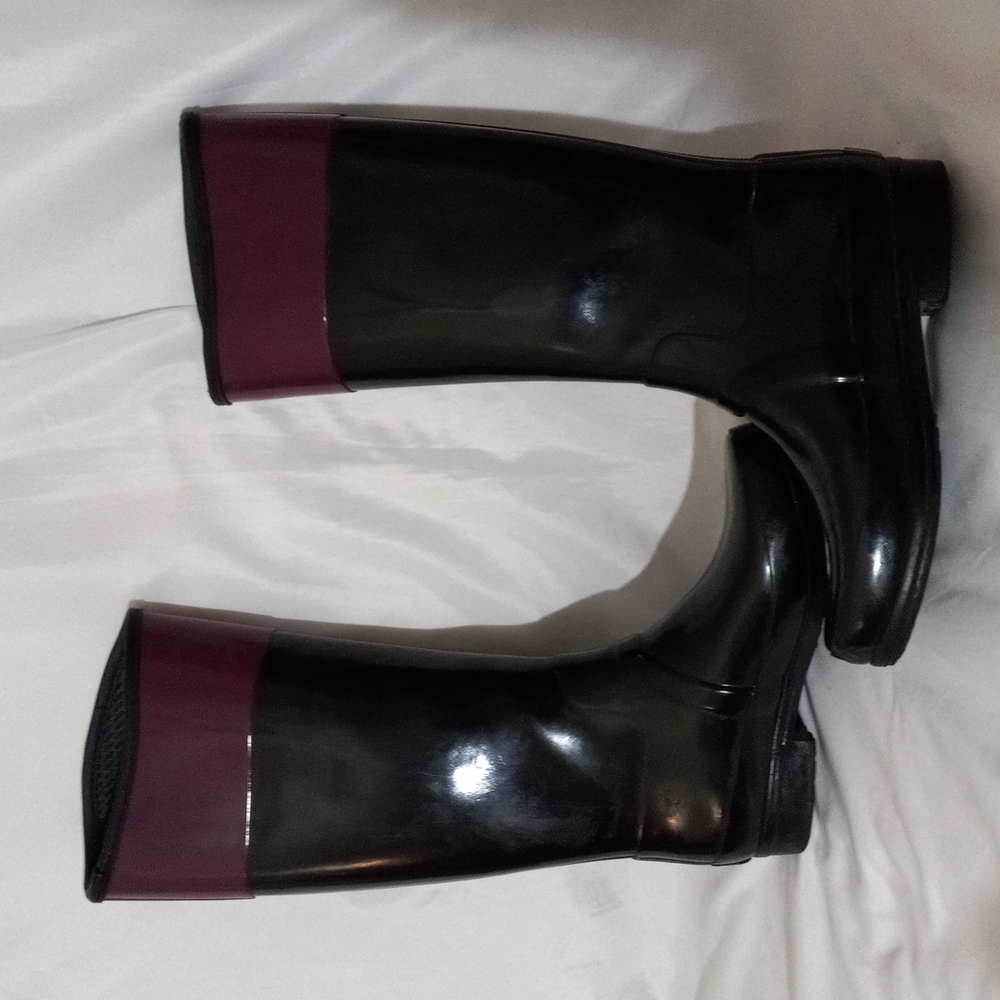 Women's HUNTER Rubber Rain Knee Boots Black/Purple Flat Sz 7